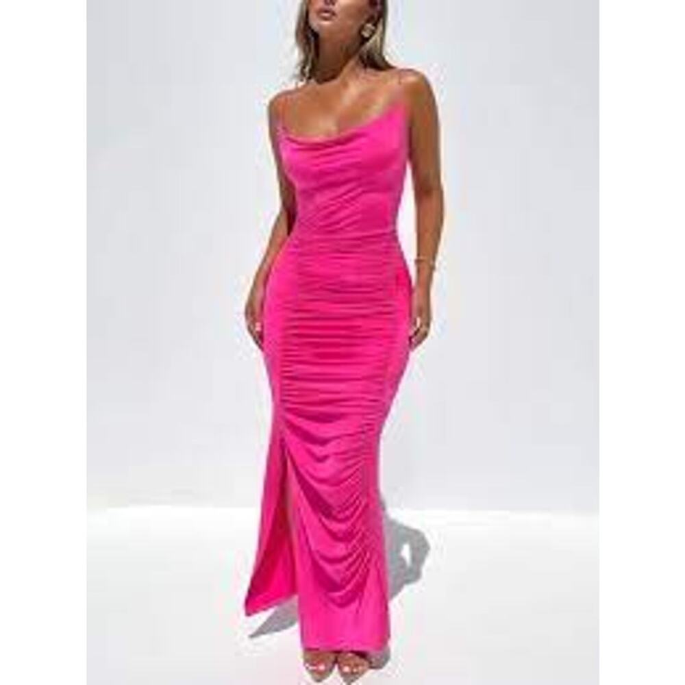 Fore Sleeveless Cowl Neck Ruched Corset Maxi Dress Fuchsia Pink Women's Size M